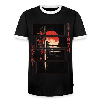 Japanische Zeichen Krieger Vintage 1974 Geburtstag - Männer Kontrast-T-Shirt - Schwarz/Weiß - Vorne - AI Model Female 172 light (172cm) & AI Model Male 178 light (178cm)