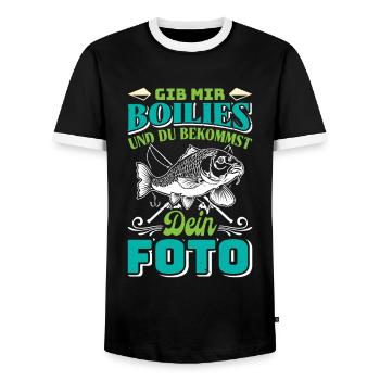 Angler Outfit GIB MIR BOILIES UND DU BEKOMMST FOTO - Männer Kontrast-T-Shirt - Schwarz/Weiß - Vorne - AI Model Female 172 light (172cm) & AI Model Male 178 light (178cm)