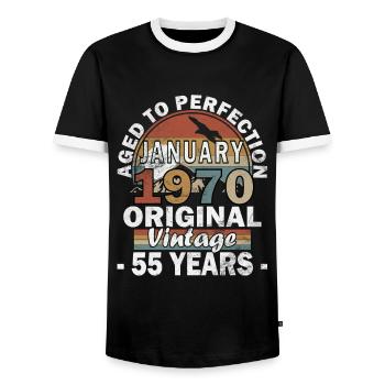 55th Birthday Vintage January 1970 Cassette 1970 - Men's Ringer Shirt - black/white - Front - AI Model Female 172 light (172cm) & AI Model Male 178 light (178cm)
