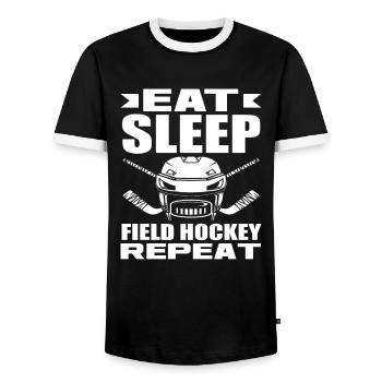 Eat Sleep Field Hockey Player Review - Men's Ringer Shirt - black/white - Front - AI Model Female 172 light (172cm) & AI Model Male 178 light (178cm)