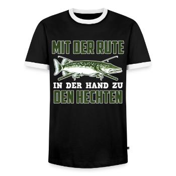 Hecht Angler MIT DER RUTE IN DER HAND ZU DEN - Männer Kontrast-T-Shirt - Schwarz/Weiß - Vorne - AI Model Female 172 light (172cm) & AI Model Male 178 light (178cm)