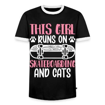 Running on skateboarding cats skateboarder - Men's Ringer Shirt - black/white - Front - AI Model Female 172 light (172cm) & AI Model Male 178 light (178cm)