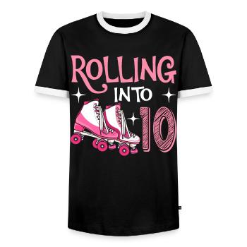 Rolling Into 10 10 Year Old Birthday Scooter - Men's Ringer Shirt - black/white - Front - AI Model Female 172 light (172cm) & AI Model Male 178 light (178cm)