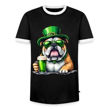 English Bulldog St. Patrick's Day Beer Outfit - Men's Ringer Shirt - black/white - Front - AI Model Female 172 light (172cm) & AI Model Male 178 light (178cm)