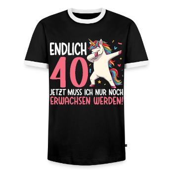 Finally 40 Now just growing up - Men's Ringer Shirt - black/white - Front - AI Model Female 172 light (172cm) & AI Model Male 178 light (178cm)