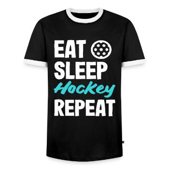 Eat Sleep Hockey Repeat Hockey Players - Men's Ringer Shirt - black/white - Front - AI Model Female 172 light (172cm) & AI Model Male 178 light (178cm)