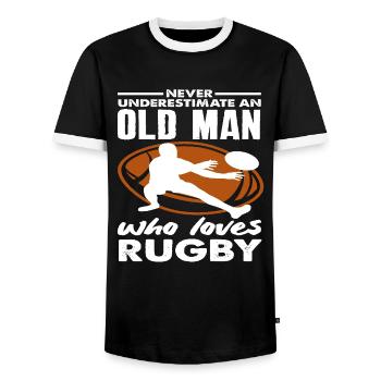 Unterschätze Niemals Einen Alten Rugby Spieler - Männer Kontrast-T-Shirt - Schwarz/Weiß - Vorne - AI Model Female 172 light (172cm) & AI Model Male 178 light (178cm)