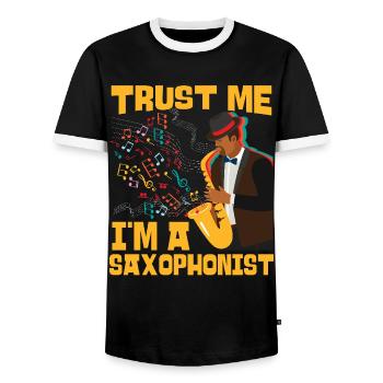 Saxophone Fais-moi confiance Je suis A - T-shirt contrasté Homme - noir/blanc - Devant - AI Model Female 172 light (172cm) & AI Model Male 178 light (178cm)