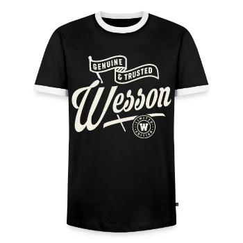 Wesson Name Custom - Wesson - Men's Ringer Shirt - black/white - Front - AI Model Female 172 light (172cm) & AI Model Male 178 light (178cm)