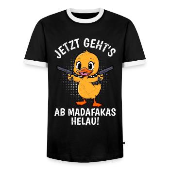 Entenkostüm JETZT GEHT'S AB MADAFAKAS HELAU! - Männer Kontrast-T-Shirt - Schwarz/Weiß - Vorne - AI Model Female 172 light (172cm) & AI Model Male 178 light (178cm)