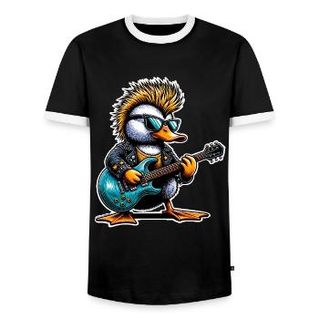 Duck Rock and Roll Guitarist - Men's Ringer Shirt - black/white - Front - AI Model Female 172 light (172cm) & AI Model Male 178 light (178cm)