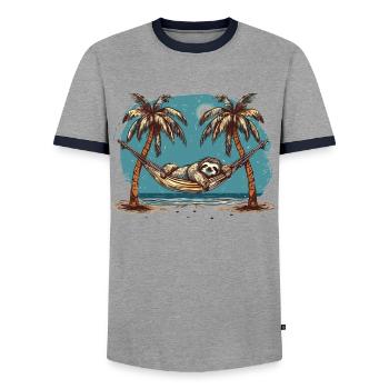 Sloth Hammock, Beach, Chill - Men's Ringer Shirt - grey/navy  - Front - AI Model Female 172 light (172cm) & AI Model Male 178 light (178cm)