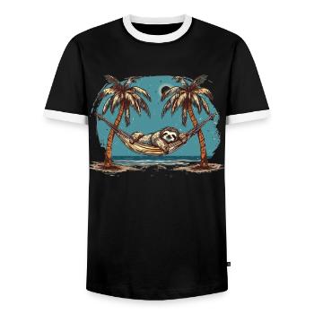Sloth Hammock, Beach, Chill - Men's Ringer Shirt - black/white - Front - AI Model Female 172 light (172cm) & AI Model Male 178 light (178cm)