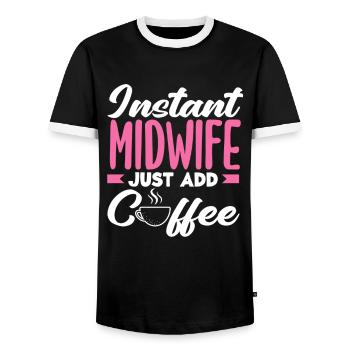 Instant Midwife Easy to Add Coffee - Men's Ringer Shirt - black/white - Front - AI Model Female 172 light (172cm) & AI Model Male 178 light (178cm)