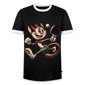 Drôle Chat de dessin animé rétro jouant au tennis de table - T-shirt contrasté Homme - noir/blanc - Devant - AI Model Female 172 light (172cm) & AI Model Male 178 light (178cm)