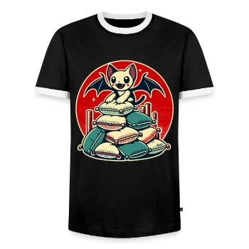 Happy Bat – On a Stack of Pillows - Men's Ringer Shirt - black/white - Front - AI Model Female 172 light (172cm) & AI Model Male 178 light (178cm)