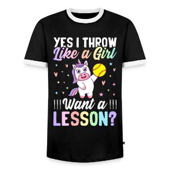 Softball-Mädchen Softball-Spielerin Ich werfe wie - Männer Kontrast-T-Shirt - Schwarz/Weiß - Vorne - AI Model Female 172 light (172cm) & AI Model Male 178 light (178cm)