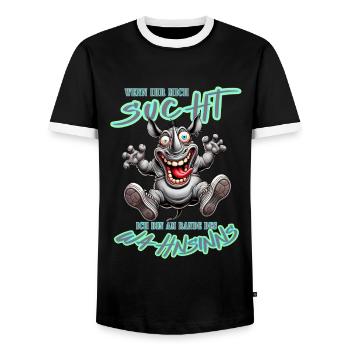 Crazy Rhino on the Edge of Madness Comic Style - Men's Ringer Shirt - black/white - Front - AI Model Female 172 light (172cm) & AI Model Male 178 light (178cm)