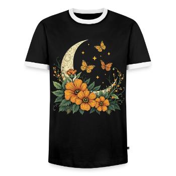 Croissant de lune avec des fleurs et des papillons - T-shirt contrasté Homme - noir/blanc - Devant - AI Model Female 172 light (172cm) & AI Model Male 178 light (178cm)