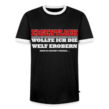 Eigentlich wollte ich die Welt erobern - Männer Kontrast-T-Shirt - Schwarz/Weiß - Vorne - AI Model Female 172 light (172cm) & AI Model Male 178 light (178cm)