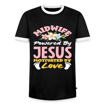 Midwife Driven by Jesus Love - Men's Ringer Shirt - black/white - Front - AI Model Female 172 light (172cm) & AI Model Male 178 light (178cm)