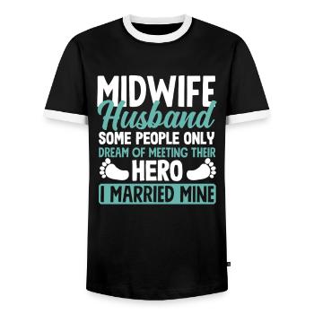 Midwife Husband Hero I Married - Men's Ringer Shirt - black/white - Front - AI Model Female 172 light (172cm) & AI Model Male 178 light (178cm)