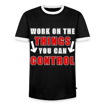 "Work on the things you can control" - Motivation - Men's Ringer Shirt - black/white - Front - AI Model Female 172 light (172cm) & AI Model Male 178 light (178cm)