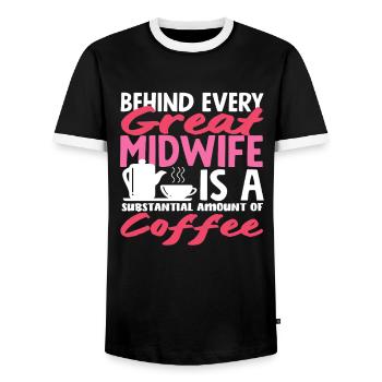Behind every great midwife is a lot of coffee - Men's Ringer Shirt - black/white - Front - AI Model Female 172 light (172cm) & AI Model Male 178 light (178cm)