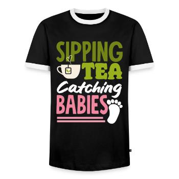 Hebamme Sipping Tea Catching Babies - Männer Kontrast-T-Shirt - Schwarz/Weiß - Vorne - AI Model Female 172 light (172cm) & AI Model Male 178 light (178cm)