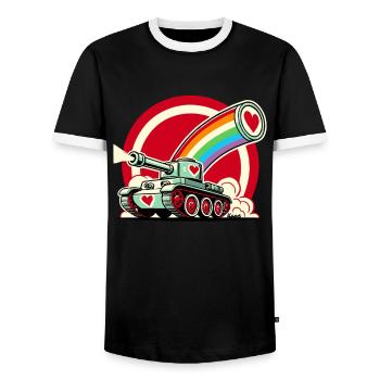 Rainbow Tank, Shoots Hearts of Love - Men's Ringer Shirt - black/white - Front - AI Model Female 172 light (172cm) & AI Model Male 178 light (178cm)