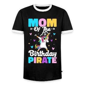 Mom of the Birthday Pirate Pirates Birthday Pirate - Men's Ringer Shirt - black/white - Front - AI Model Female 172 light (172cm) & AI Model Male 178 light (178cm)