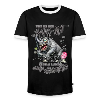 Crazy Rhino on the Edge of Madness Comic Style - Men's Ringer Shirt - black/white - Front - AI Model Female 172 light (172cm) & AI Model Male 178 light (178cm)