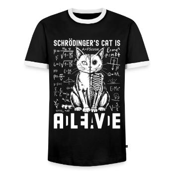 Le chat de Schrödinger mort et vif - T-shirt contrasté Homme - noir/blanc - Devant - AI Model Female 172 light (172cm) & AI Model Male 178 light (178cm)