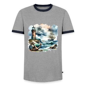 Nautical Motif Retro Anchor Lighthouse Ship - Men's Ringer Shirt - grey/navy  - Front - AI Model Female 172 light (172cm) & AI Model Male 178 light (178cm)