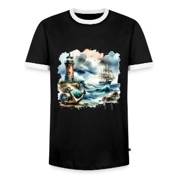 Motif nautique rétro ancre phare navire - T-shirt contrasté Homme - noir/blanc - Devant - AI Model Female 172 light (172cm) & AI Model Male 178 light (178cm)