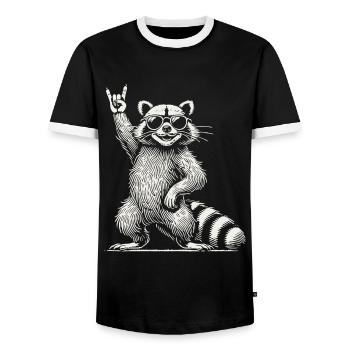 Funny Raccoon Rock Music Retro Festival Vibe - Men's Ringer Shirt - black/white - Front - AI Model Female 172 light (172cm) & AI Model Male 178 light (178cm)