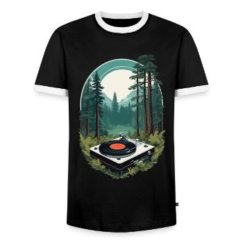 Musik Streetwear Outfit Natur Vinyl Plattenspieler - Männer Kontrast-T-Shirt - Schwarz/Weiß - Vorne - AI Model Female 172 light (172cm) & AI Model Male 178 light (178cm)