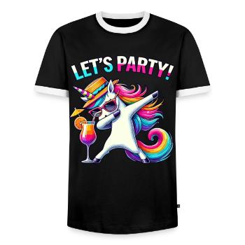 Party Outfit, Partyurlaub, Einhorn, Let's Party - Männer Kontrast-T-Shirt - Schwarz/Weiß - Vorne - AI Model Female 172 light (172cm) & AI Model Male 178 light (178cm)