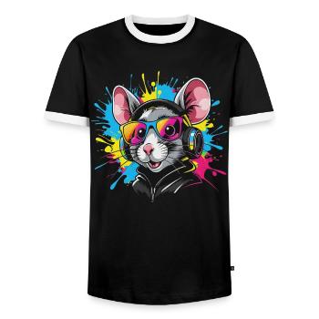 Rat with headphones - Men's Ringer Shirt - black/white - Front - AI Model Female 172 light (172cm) & AI Model Male 178 light (178cm)