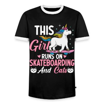 Skateboarding and Cats Female Skateboarders - Men's Ringer Shirt - black/white - Front - AI Model Female 172 light (172cm) & AI Model Male 178 light (178cm)