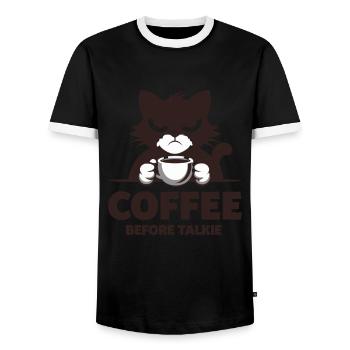 Coffee Before Talkie für Katzenbesitzer - Männer Kontrast-T-Shirt - Schwarz/Weiß - Vorne - AI Model Female 172 light (172cm) & AI Model Male 178 light (178cm)