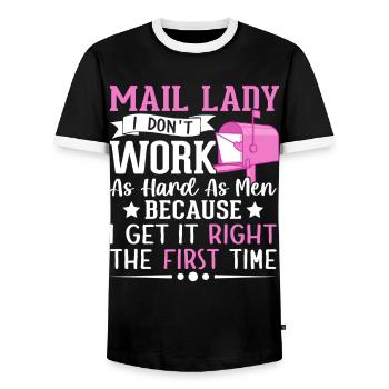 Factrice, je ne travaille pas aussi dur que les hommes Service postal - T-shirt contrasté Homme - noir/blanc - Devant - AI Model Female 172 light (172cm) & AI Model Male 178 light (178cm)