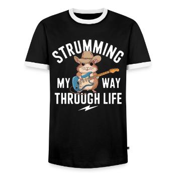 Strumming My Way Through Life Mouse Guitar - Men's Ringer Shirt - black/white - Front - AI Model Female 172 light (172cm) & AI Model Male 178 light (178cm)