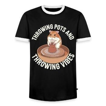 Pottery Funny Hamster: Pot Throwing Vibes - Men's Ringer Shirt - black/white - Front - AI Model Female 172 light (172cm) & AI Model Male 178 light (178cm)