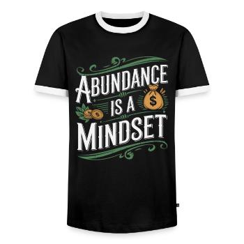 Abundance is a state of mind Quote - Men's Ringer Shirt - black/white - Front - AI Model Female 172 light (172cm) & AI Model Male 178 light (178cm)