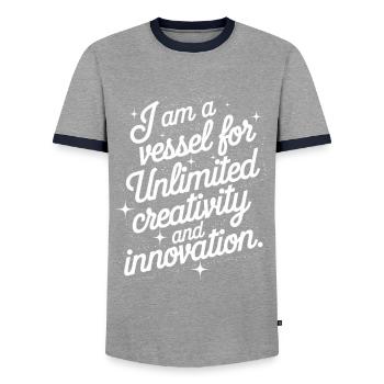Manifest Unlimited Creativity Quote - Men's Ringer Shirt - grey/navy  - Front - AI Model Female 172 light (172cm) & AI Model Male 178 light (178cm)