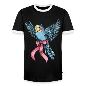 Coquette Bow Budgie Parakeet Parrot - Men's Ringer Shirt - black/white - Front - AI Model Female 172 light (172cm) & AI Model Male 178 light (178cm)
