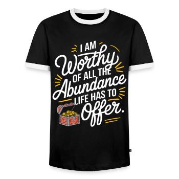 Manifesting Abundance Quote: I'm Worth It - Men's Ringer Shirt - black/white - Front - AI Model Female 172 light (172cm) & AI Model Male 178 light (178cm)