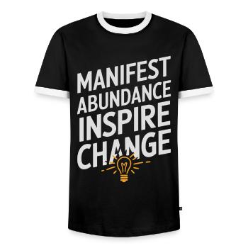 Manifest Abundance Inspire Change Quote - Men's Ringer Shirt - black/white - Front - AI Model Female 172 light (172cm) & AI Model Male 178 light (178cm)