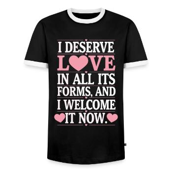 Manifestiere Fülle Zitat: Ich Verdiene Liebe in - Männer Kontrast-T-Shirt - Schwarz/Weiß - Vorne - AI Model Female 172 light (172cm) & AI Model Male 178 light (178cm)